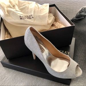 Silver peep toe Badgley Mischka heels